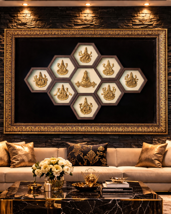 Astalakshmi With Lord Balaji - Hexagon Grandeur Antique Statement Wall Decor Frame with Pure Brass Idols