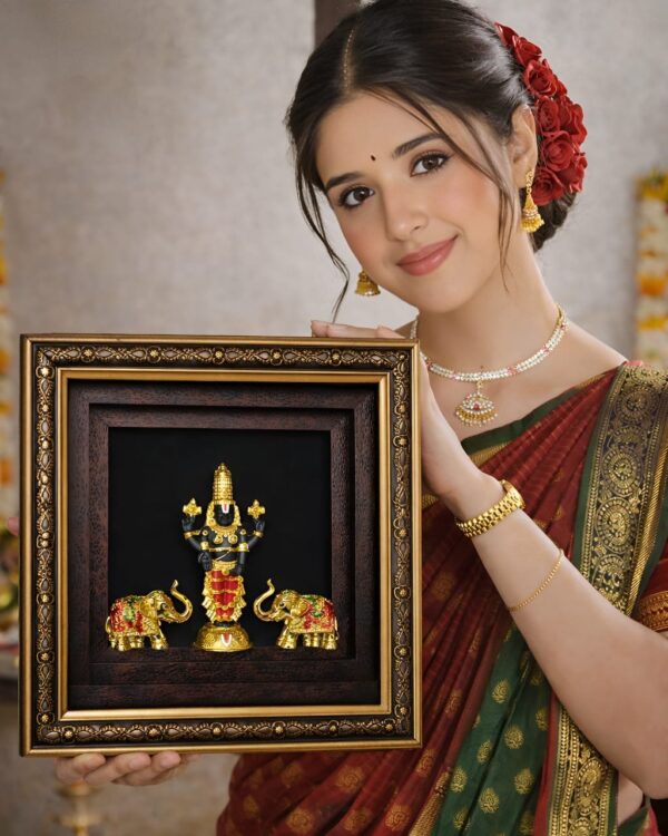 Lord Venkateshwara with Dvigajam - Antique Gallery Frame with Gold Plated Idols