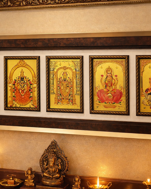 Divine Poojaroom Statement Gold Foil Frame - Lord Balaji, Goddess Alivelu Mangamma, Goddess Lakshmi Devi, Lord Ganesha & Goddess Saraswati Devi