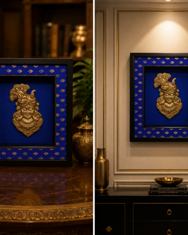 Lord Mayur Krishna Vrindavan Heritage Frame - A Peacock Silk Feather Backdrop with Pure Brass Idol