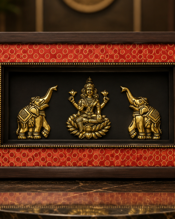 Goddess Lakshmi Devi with Dvigajam Divine Heritage Frame - Pure Brass