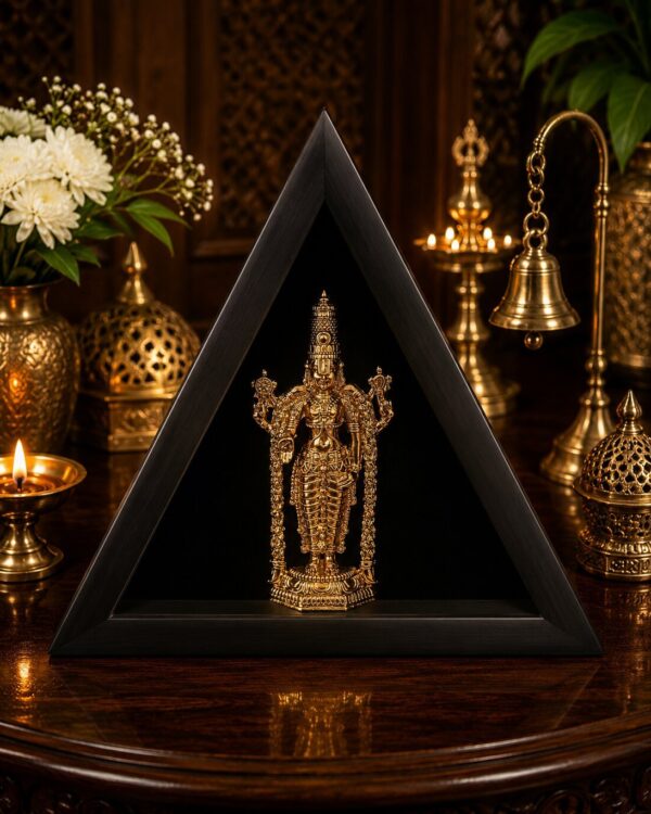 Lord Balaji with Golden Garland - Antique Triangle Sanctum - Gold Plated Idol