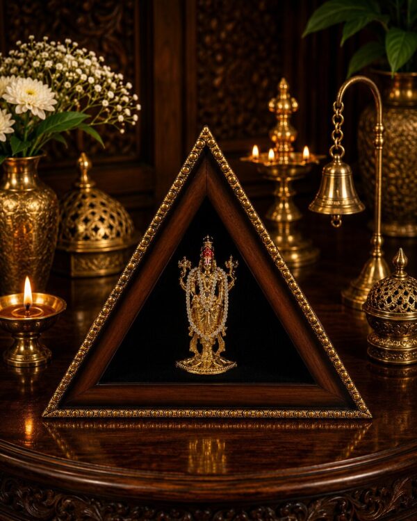 Lord Balaji with Golden Garland Alankaram - Antique Triangle Sanctum - Gold Plated Idol