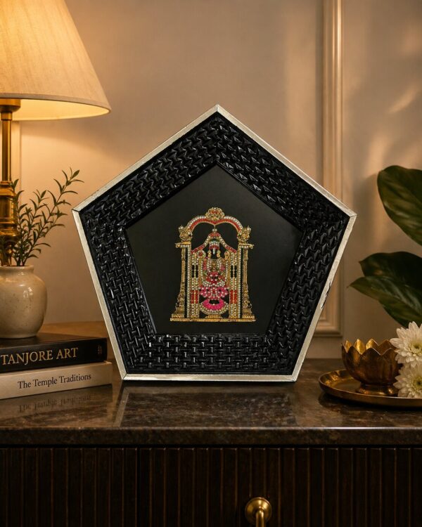 Lord Balaji with Goddess Lakshmi Devi - Gold Plated Idol - Unique Pentagon Shaped Sanctum Frame