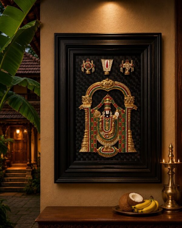 Lord Venkateshwara (Balaji) With Shank - Chakr - Namam : Gold Plated Idol with Premium Emerald Stones