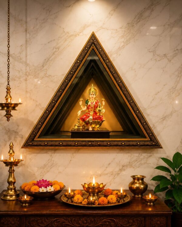 Goddess Lakshmi Devi - Divine Triangle Sanctum - 24kt Gold Plated Idol - Antique Gallery Depth Frame