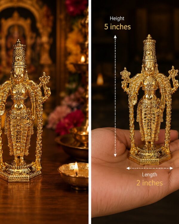 Lord Tirumala Balaji with Golden Garland - Goldplated Metal Alloy Finish - For Poojaroom & Car Dashboard