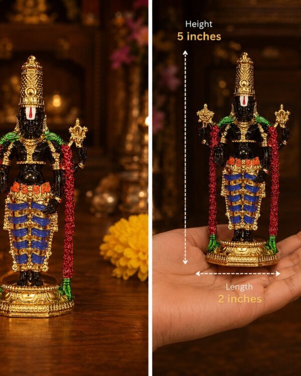 Lord Tirumala Balaji with Garland Alankaram Idol - Goldplated Metal Alloy - For Poojaroom & Car Dashboard