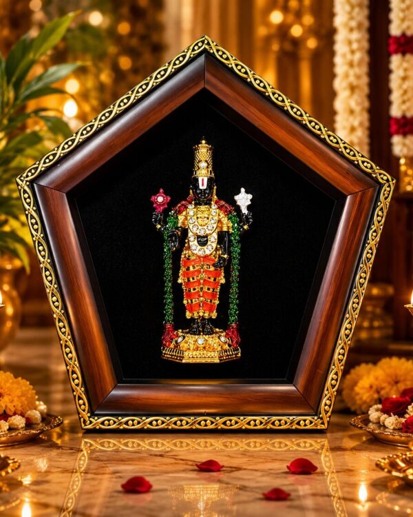 Lord Balaji With Garland - Goldplated Metal Idol - Antique Pentagon Sanctum