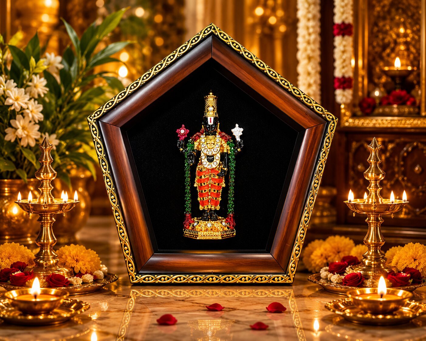 Lord Balaji With Garland - Goldplated Metal Idol - Antique Pentagon Sanctum