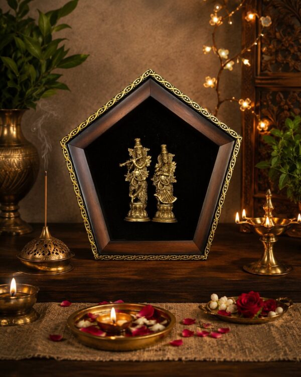 Lord Krishna with Goddess Radha - Pure Antique Brass Idols in Divine Pentagon Sanctum