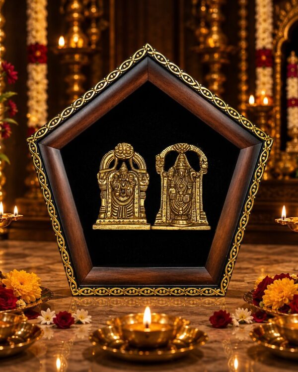 Lord Tirumala Balaji with Goddess Alivelu Mangamma Sametha - Pure Brass Idols in Antique Pentagon Sanctum