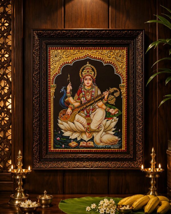 Goddess Saraswati Devi Original Tanjavur (Tanjore) Painting in 22kt Gold