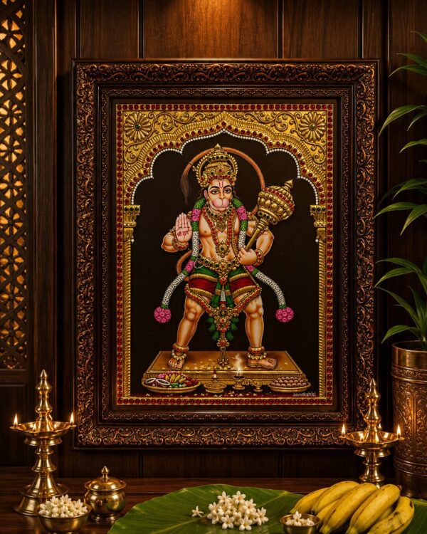 Lord Hanuman Original Tanjavur (Tanjore) Painting in 22kt Gold