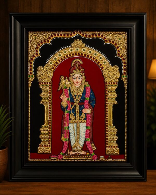 Lord Murugan(Subramanya Swamy) - Original Tanjore(Tanjavur) Painting in 22kt Gold Foil & Embedded Stones