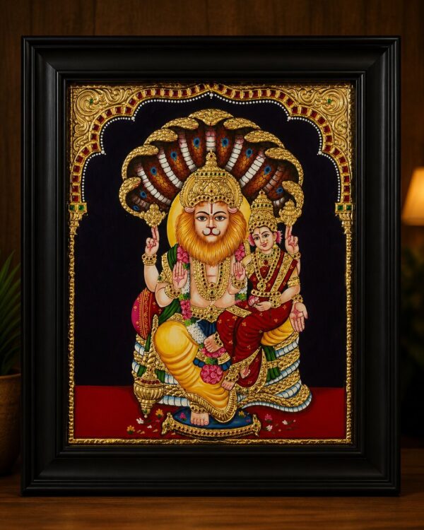 Lord Lakshmi Narasimha - Original Tanjore(Tanjavur) Painting in 22kt Gold Foil & Embedded Stones
