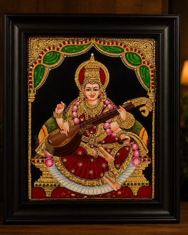 Goddess Saraswati Devi - Original Tanjore(Tanjavur) Painting in 22kt Gold Foil & Embedded Stones