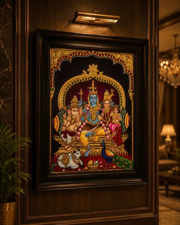 Lord Shiva Family - Original Tanjore(Tanjavur) Painting in 22kt Gold Foil & Embedded Stones