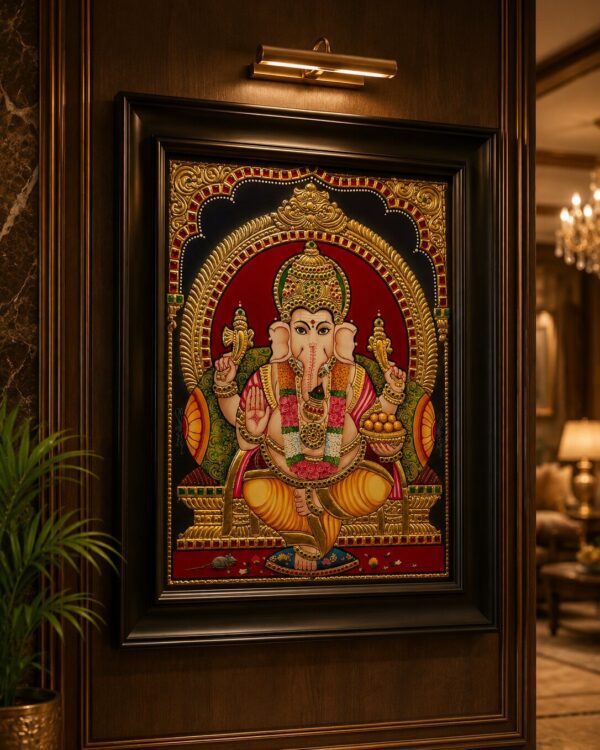 Lord Ganesha Original Tanjore(Tanjavur) Painting in 22kt Gold Foil & Embedded Stones