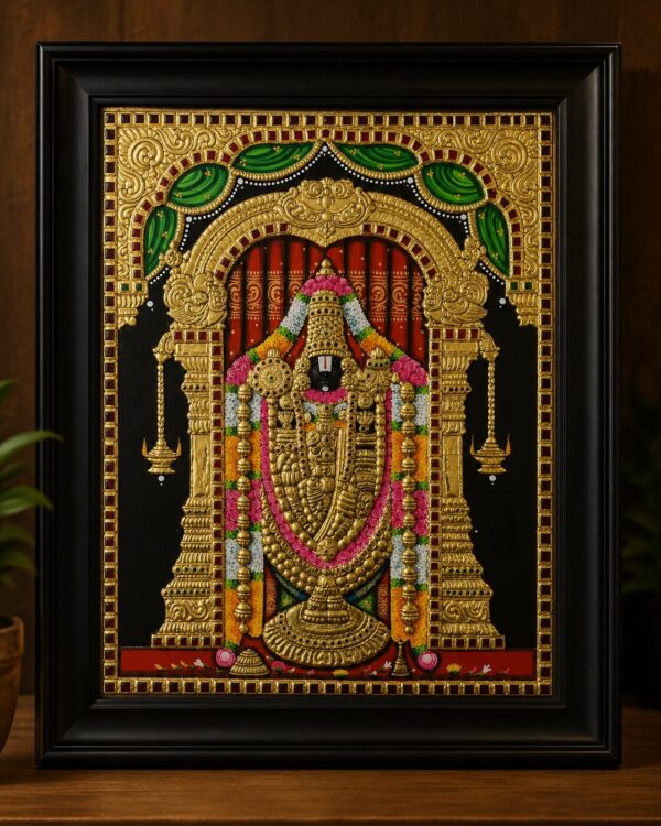 Lord Tirumala Balaji - Original Tanjore(Tanjavur) Painting in 22kt Gold Foil & Embedded Stones
