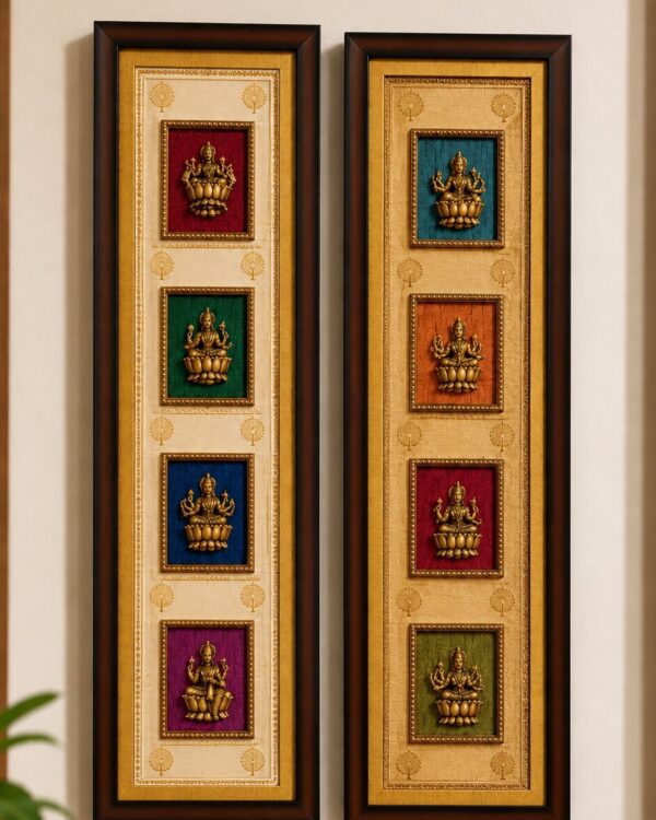 Divine Astalakshmi in Pure Antique Brass - A Grandeur Poojaroom Statement Frame With Regal Silk Cloth Backdrop