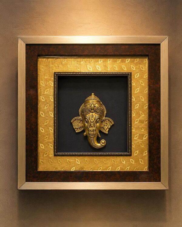 Lord Vakratunda Ganapathi With Goddess Lakshmi Mudra on Trunk - A Statement Master Piece Wall Decor Frame - Pure Brass Idol