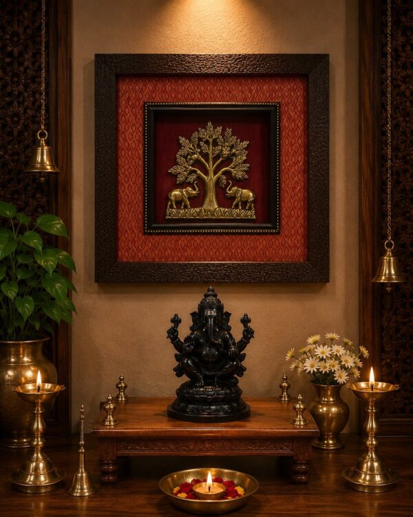 The Divine Kalpavriksha (Tree of Life) With Royal Dvigajam(Elephants) - A Masterpiece Wall Decor Frame Mounted With Regal Silk Cloth - Pure Brass Idol