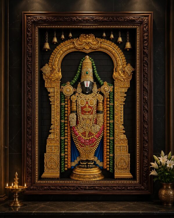 The Divine Majesty – Kaliyuga Daivam Sri Lord Venkateswara 22KT Gold Foil Embossed Idol with a Statement Masterpiece Gallery Frame