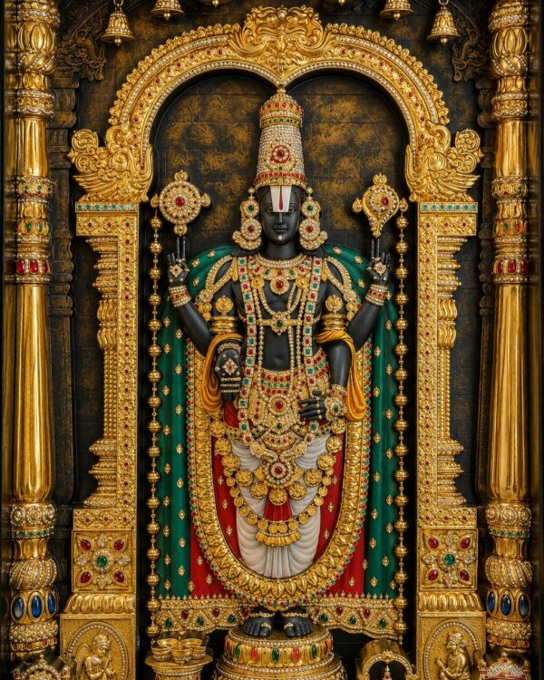 The Divine Majesty Lord Balaji Imperial Sanctum - 22kt Gold Embossed Idol With Antique Statement Gallery Frame