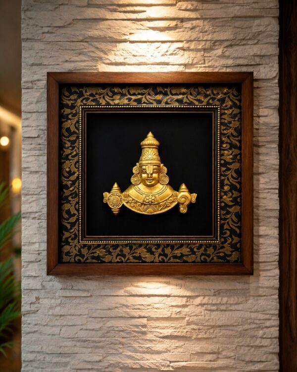 Lord Balaji in Pure Brass - Antique Gallery Frame Mounted with Regal Black & Gold Silk Cloth