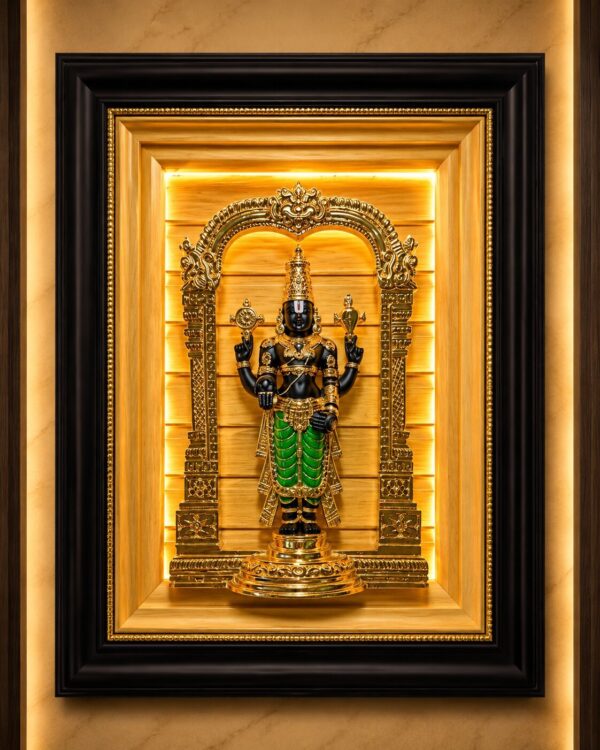 Lord Tirumala Balaji - 24kt Gold Electroplated Idol - Antique Beachwood & Black Depth Backlit Wall Sanctum