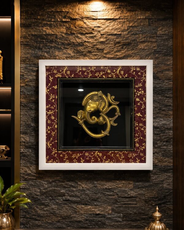 Lord Ganesha In Divine Omkar Avatar - Pure Brass Idol - Antique Gallery Frame Mounted with Regal Silk Cloth