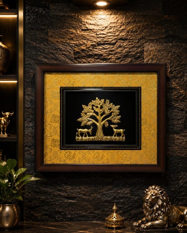 The Kalpvriksh Tree (The Tree of Life) with 2 Deers - Pure Brass - Antique Walnut Wallframe Mounted with Regal Silk Cloth