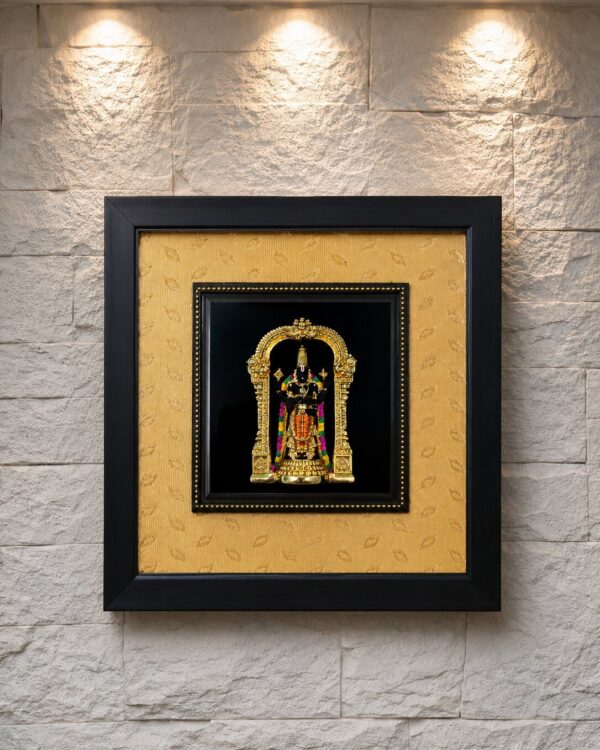 Lord Balaji - 24kt Gold Electroplated Idol - Antique Black Gallery Frame mounted with regal silk cloth