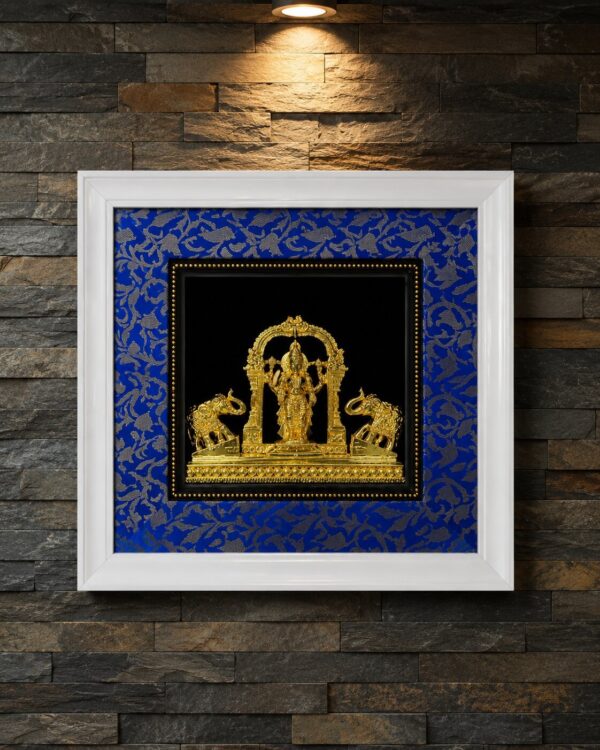 Lord Balaji with Suvarna Dvigajam - Antique White Gallery Frame mounted with premium blue silk cloth.