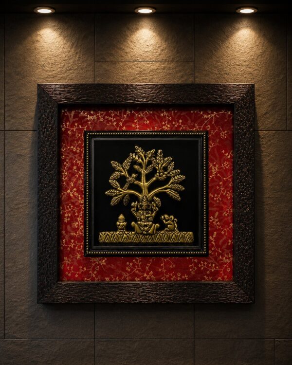 The Kalpvriksh Tree (The Tree of Life) with Lord Ganesha - Pure Brass Idol - Antique Wallnut Gallery Frame Wall Sanctum